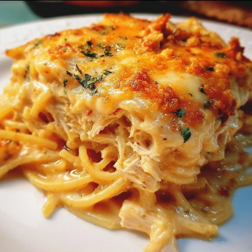 Spicy Southern Cheesy Chicken Spaghetti Casserole topped with melted cheese