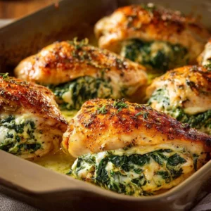 Juicy spinach stuffed chicken breasts with cheese and herbs
