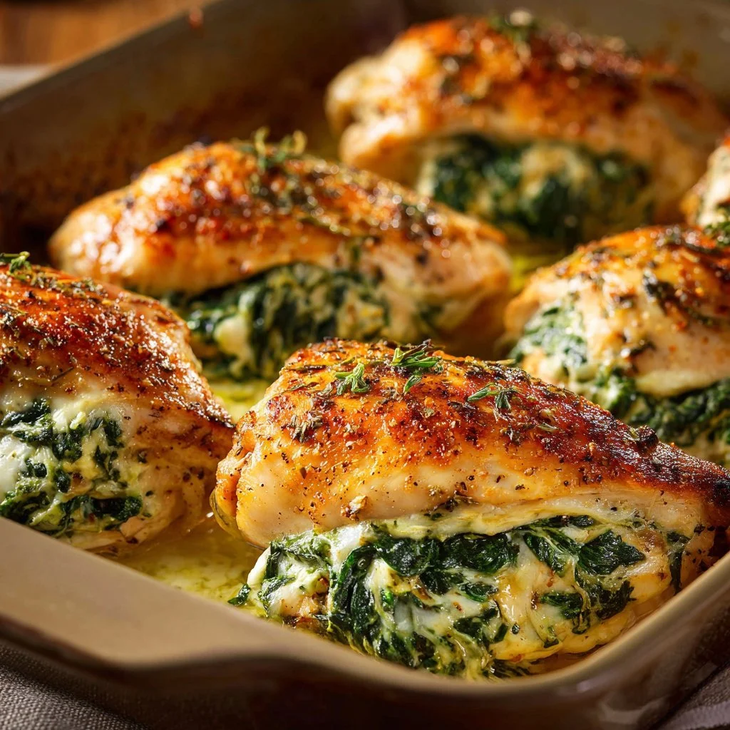 Juicy spinach stuffed chicken breasts with cheese and herbs