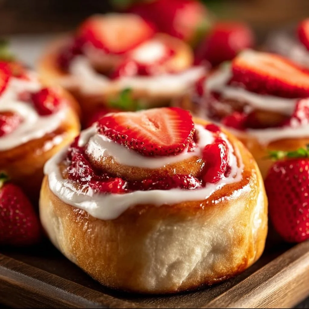 Delicious strawberry cheesecake cinnabon rolls topped with cream cheese frosting
