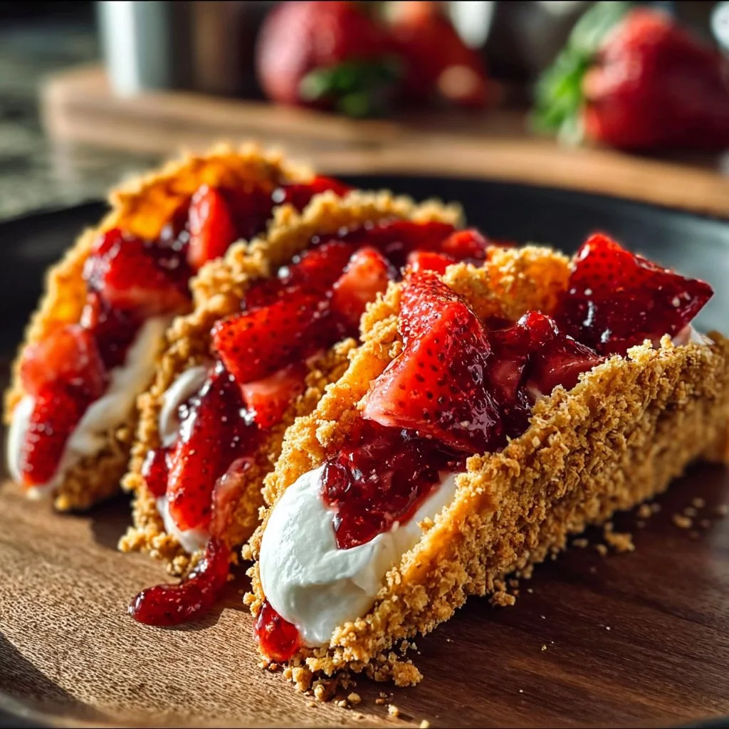 Delicious Strawberry Crunch Cheesecake Tacos dessert featuring creamy filling and crunchy topping
