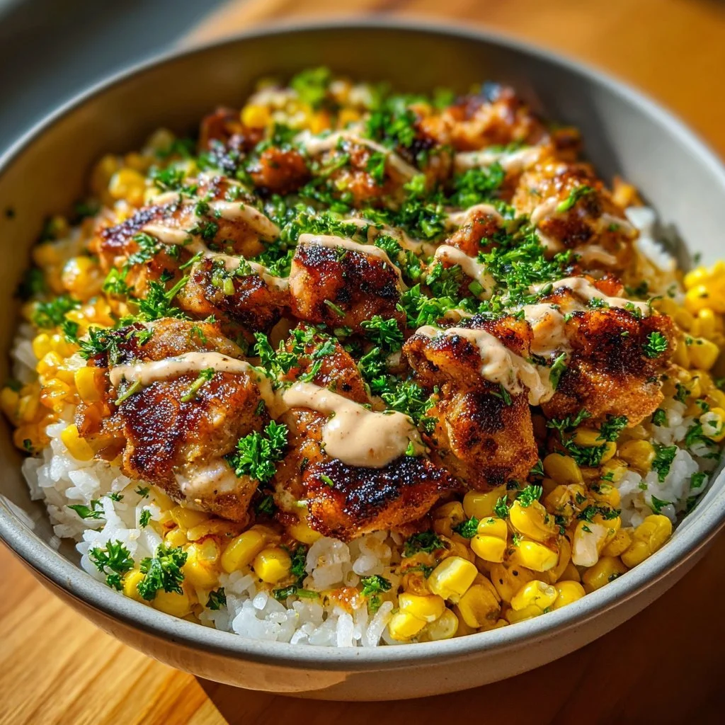 Delicious Street Corn Chicken Rice Bowl with tender chicken and sweet corn
