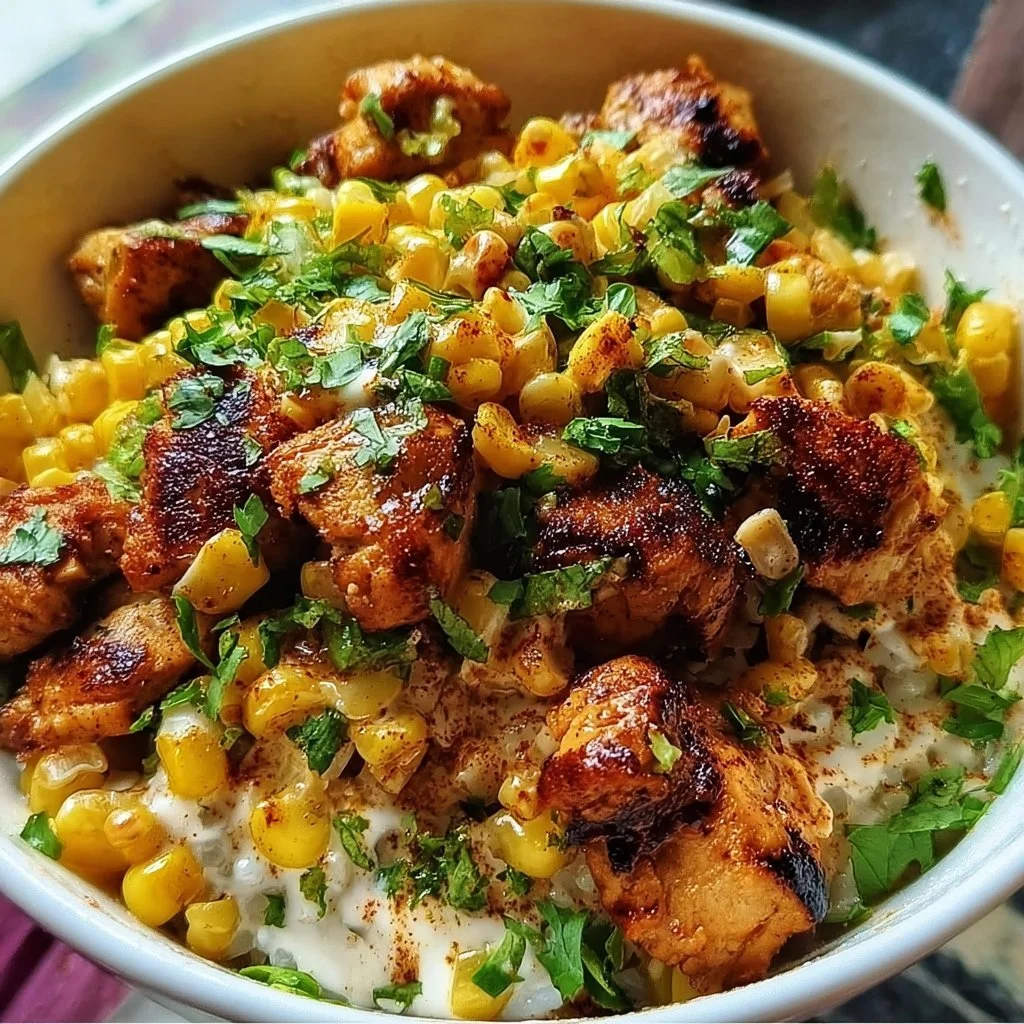 Delicious street corn chicken bowl with fresh toppings and vibrant ingredients