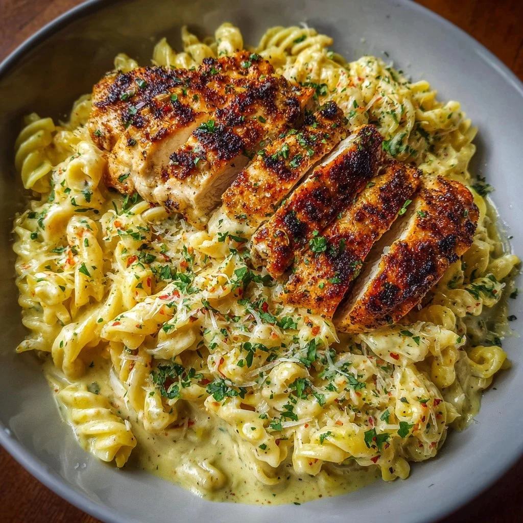 Creamy garlic parmesan chicken pasta served in a bowl with fresh parsley