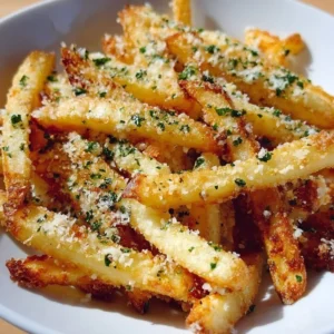 Air Fryer Garlic Parmesan Fries 3 Crispy Air Fryer Garlic Parmesan Fries topped with herbs and cheese