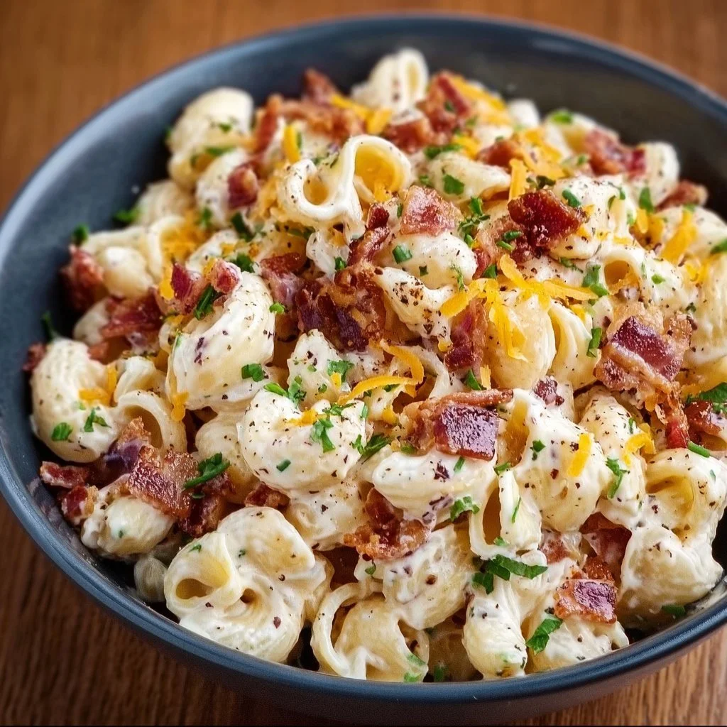 Delicious Bacon Cheddar Ranch Pasta Salad with crispy bacon and creamy dressing