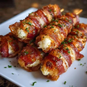 Delicious bacon-wrapped mozzarella sticks served as a tasty snack.