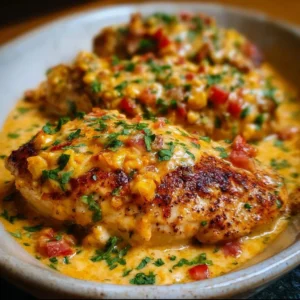 Baked queso chicken dish topped with cheese and spices