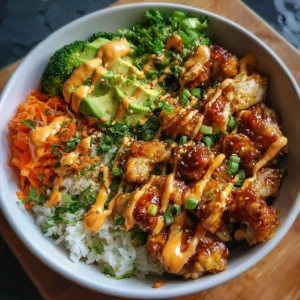 Bang Bang Chicken Bowl 3 Bang Bang Chicken Bowl with spicy chicken, fresh vegetables, and creamy sauce.