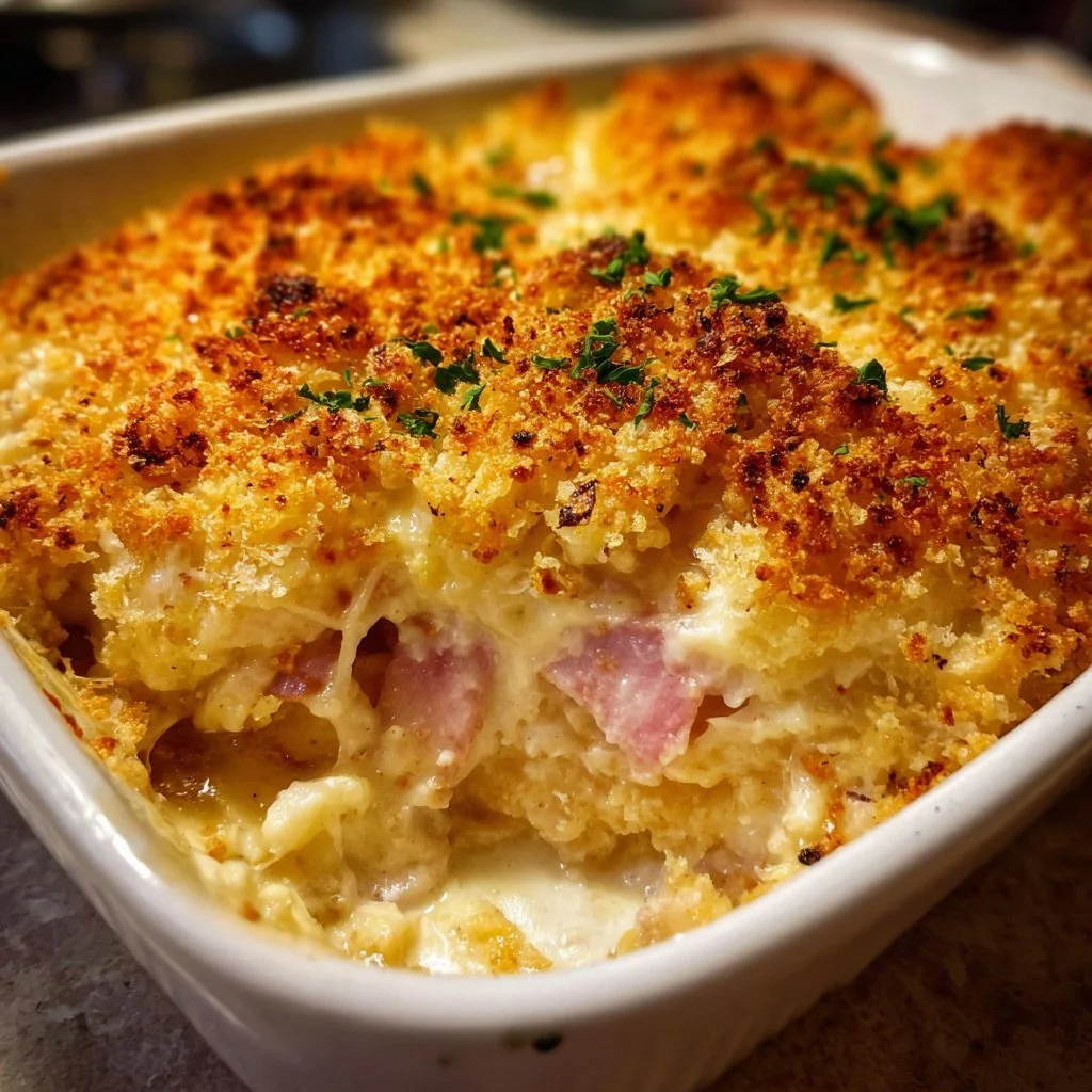 Delicious chicken cordon bleu casserole with crispy chicken, ham, and melted cheese.
