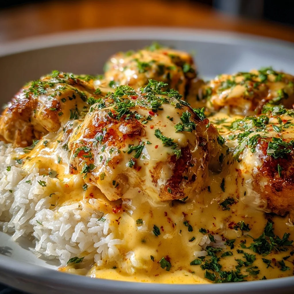 Delicious plate of smothered chicken served with rice and rich brown gravy.