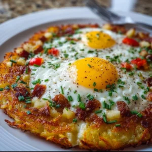 Breakfast pizza hash brown crust topped with eggs, cheese, and vegetables.
