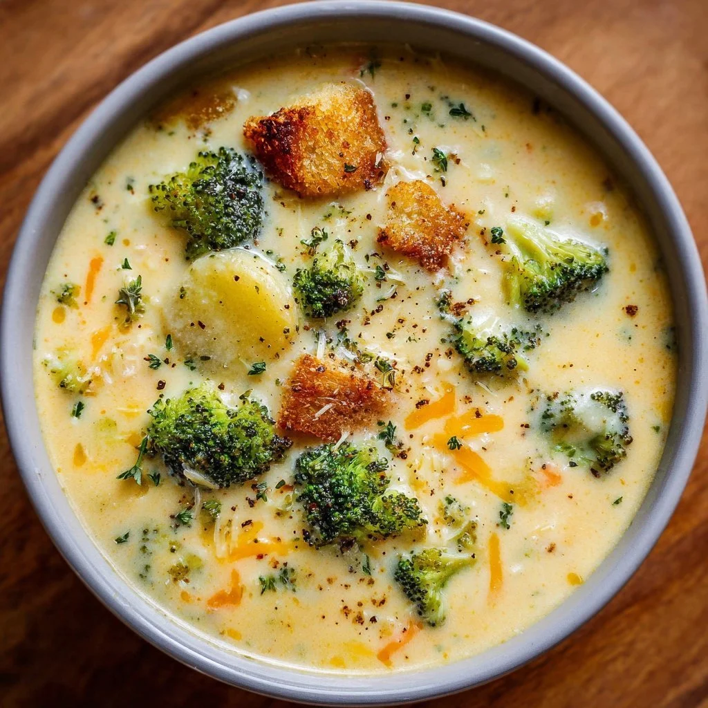 Bowl of creamy broccoli potato cheese soup garnished with fresh herbs
