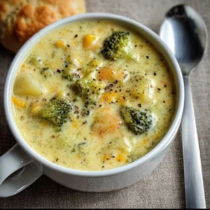 Broccoli Potato Cheese Soup 3 Bowl of creamy Broccoli Potato Cheese Soup garnished with fresh herbs