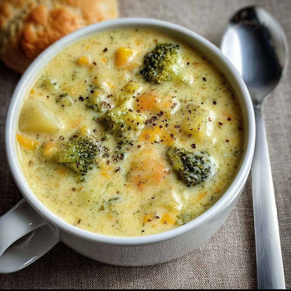 Bowl of creamy Broccoli Potato Cheese Soup garnished with fresh herbs
