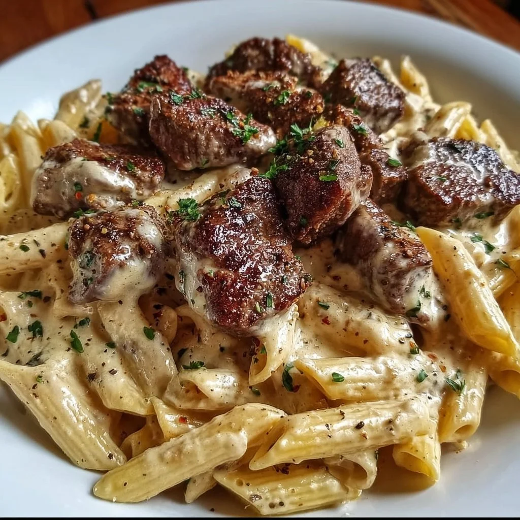 Cajun steak tips with penne and creamy Parmesan cheese sauce in a bowl