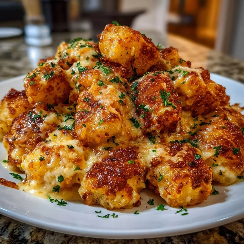 Cheddar Ranch Chicken Tater Tot Bake topped with melted cheese and ranch seasoning