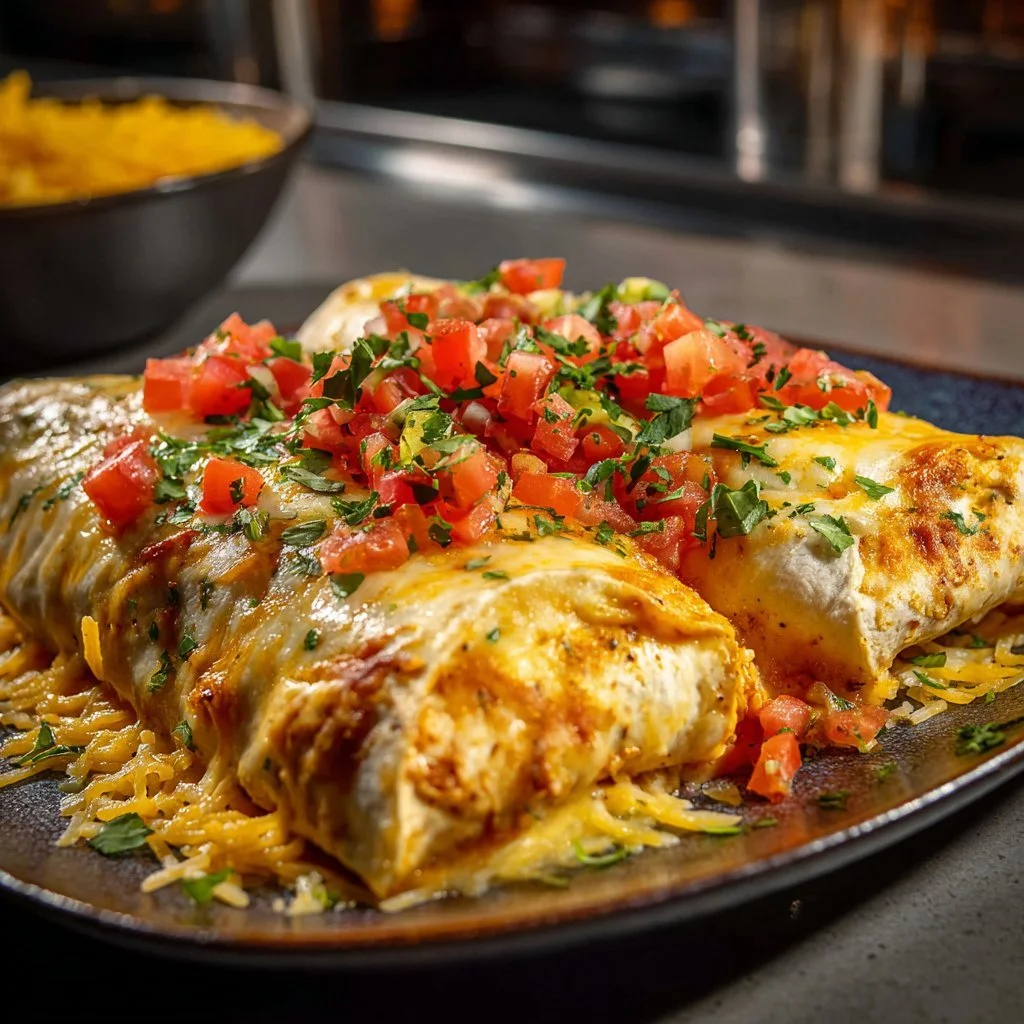 Plate of delicious Cheese Chicken Enchiladas topped with melted cheese