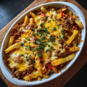 Delicious Cheeseburger French Fry Casserole topped with melted cheese