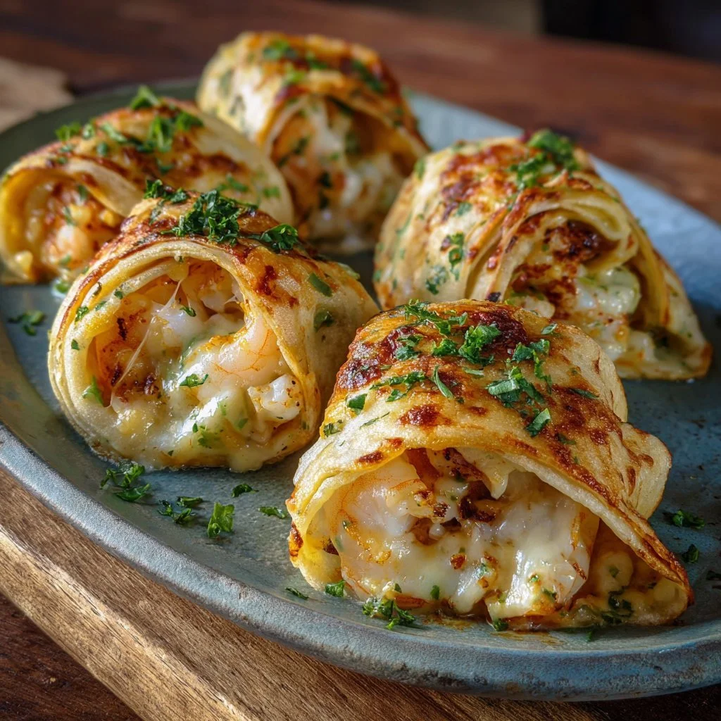 Cheesy seafood tortilla bombs filled with shrimp and cheese, served on a plate.