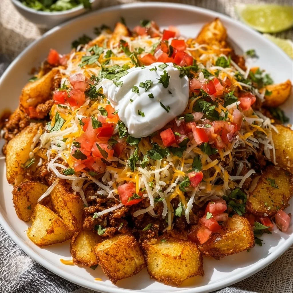 Cheesy Taco Potatoes 1 Delicious cheesy taco potatoes served in a bowl