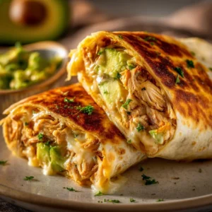 Chicken Avocado Ranch Burritos 3 Delicious Chicken Avocado Ranch Burritos ready to enjoy on a plate.
