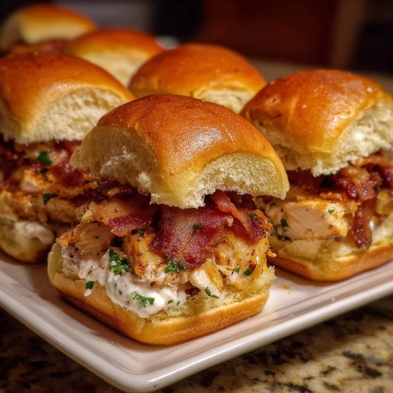 Plate of Chicken Bacon Ranch Sliders with fresh ingredients and toppings