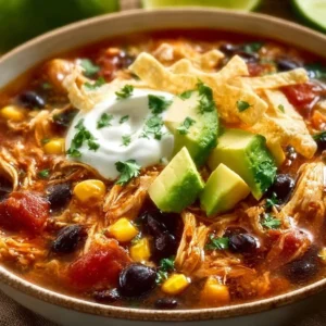 Delicious bowl of Chicken Taco Soup with toppings and fresh herbs