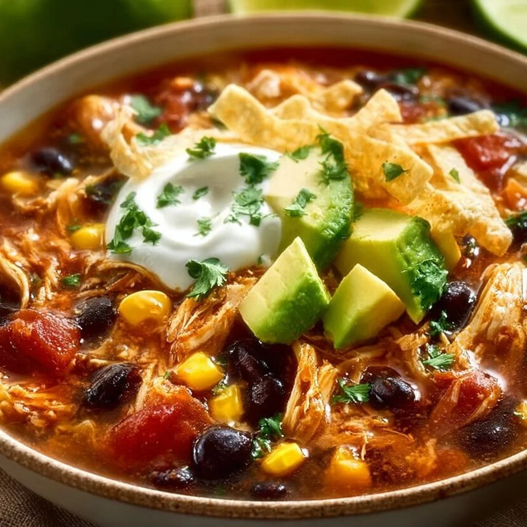 Delicious bowl of Chicken Taco Soup with toppings and fresh herbs