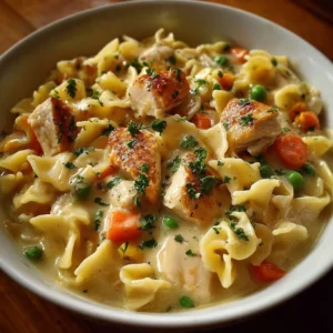 Creamy Chicken Pot Pie Pasta served in a rustic dish with fresh herbs