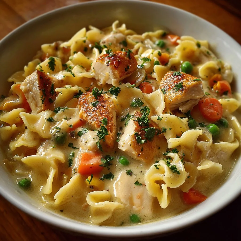 Creamy Chicken Pot Pie Pasta served in a rustic dish with fresh herbs