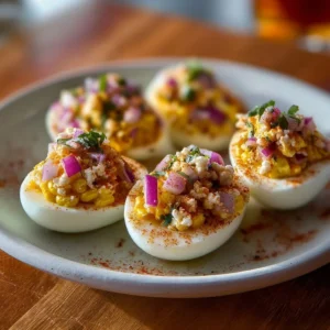 Corn Elote Deviled Eggs topped with cilantro and spices