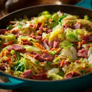 Delicious corned beef and cabbage skillet dish served on a rustic table