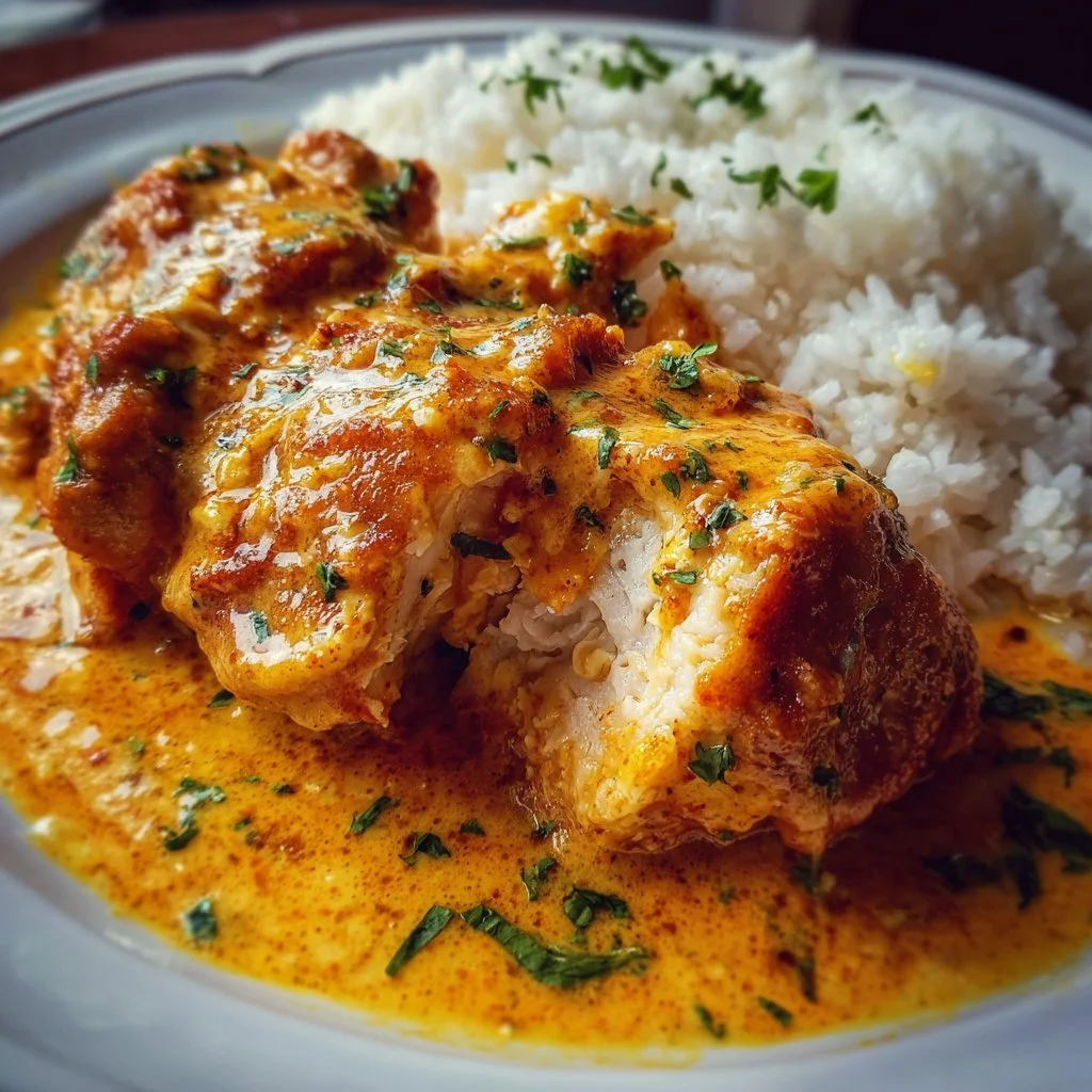Plate of Cowboy Butter Chicken garnished with herbs and spices