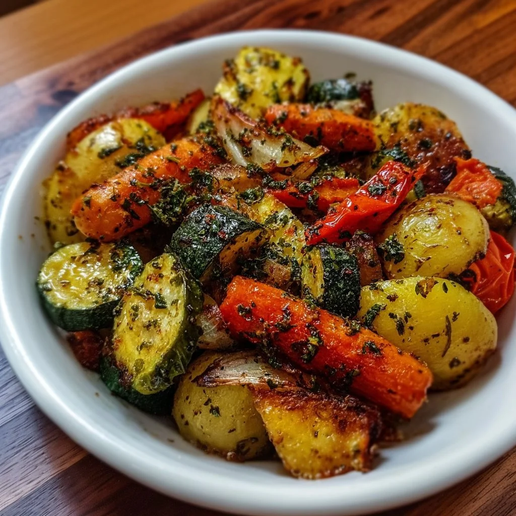 Cowboy Butter Roasted Vegetables served on a plate with garnish.