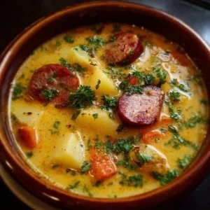 Bowl of cozy Kielbasa Potato Soup garnished with green onions and parsley