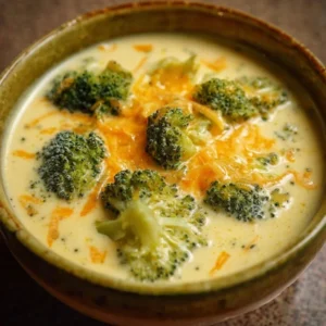 Creamy Broccoli Cheddar Soup 3 Creamy broccoli cheddar soup served in a bowl, garnished with cheese and broccoli