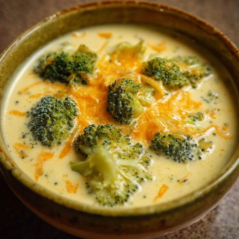 Creamy broccoli cheddar soup served in a bowl, garnished with cheese and broccoli