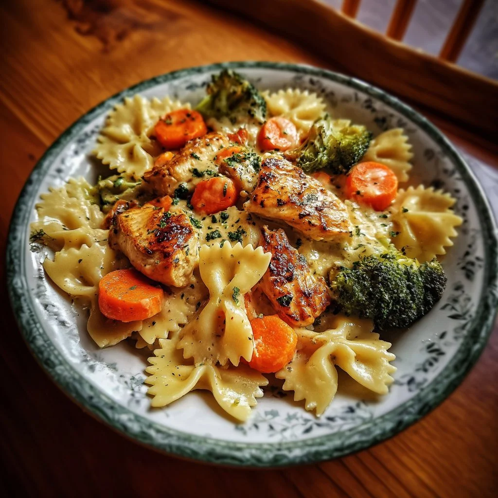 Creamy cheddar havarti chicken pasta with roasted vegetables