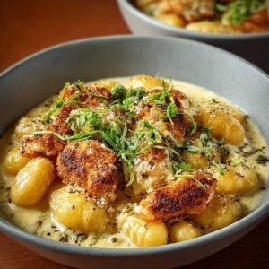 Creamy Crack Chicken Gnocchi topped with herbs and served in a bowl