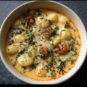 Creamy Garlic Gnocchi Soup 3 Creamy garlic gnocchi soup in a bowl, garnished with herbs