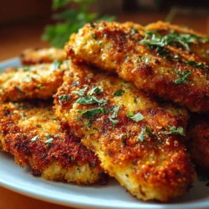 Crispy baked Italian Parmesan chicken garnished with herbs on a plate.