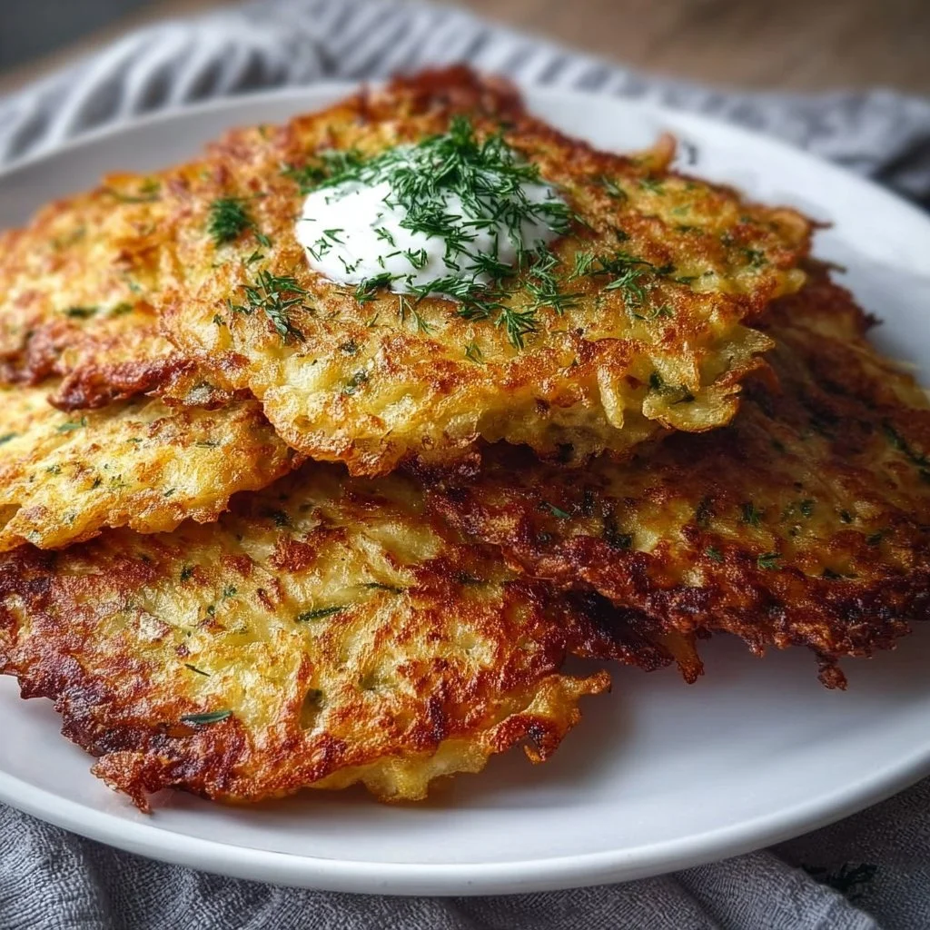 Crispy cabbage pancakes served with a dipping sauce and garnished with herbs.