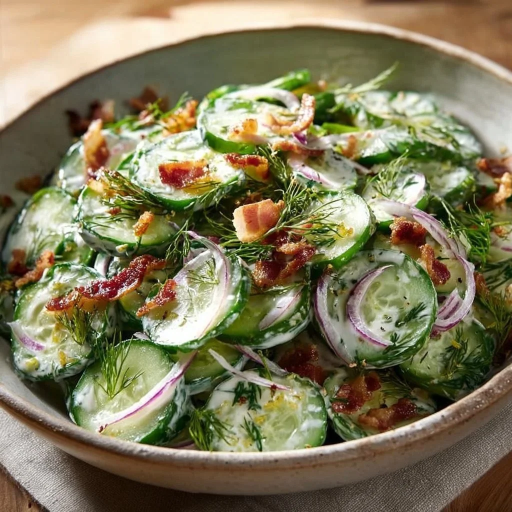Bowl of Cucumber Ranch Crack Salad with cucumbers, ranch dressing, and herbs