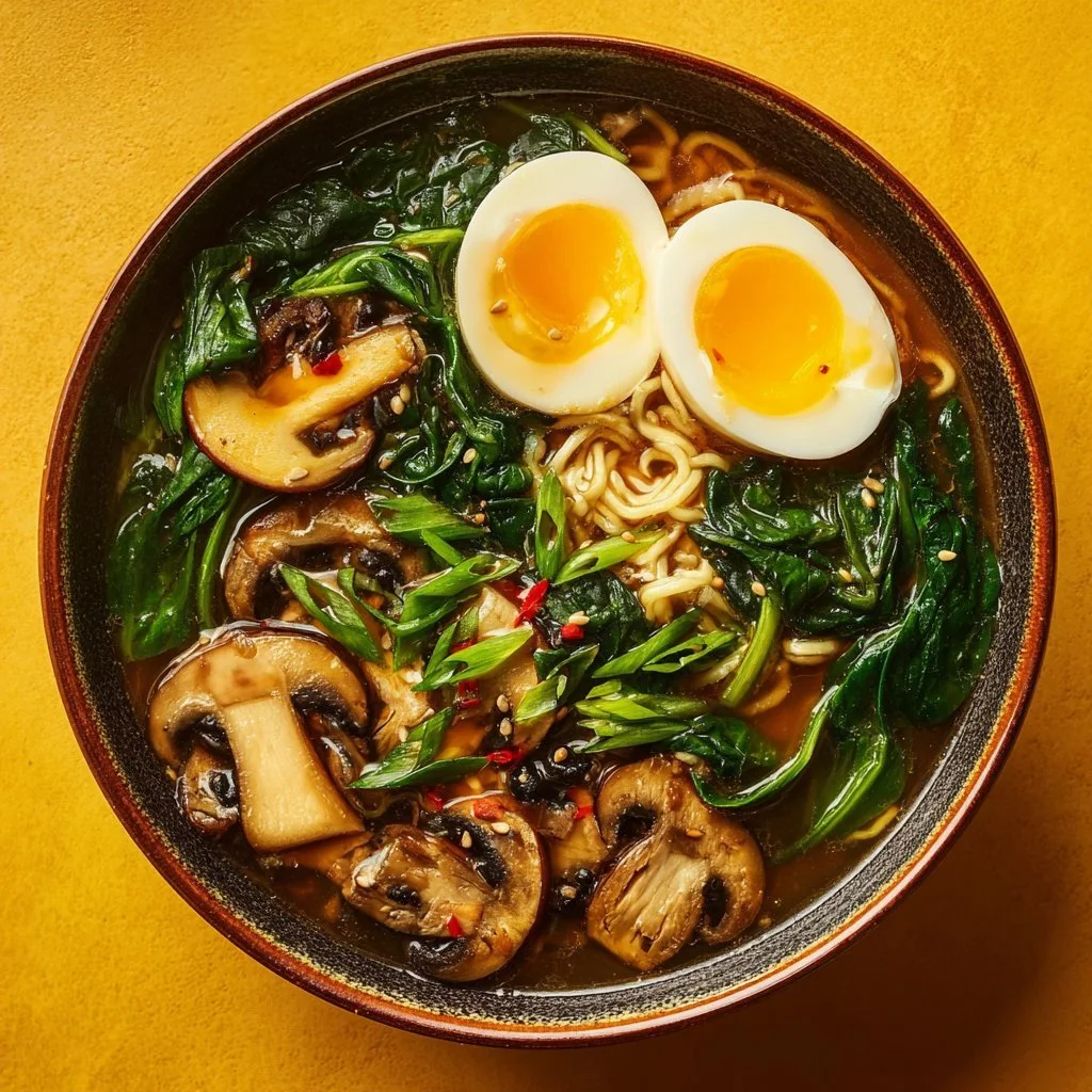 Bowl of delicious ramen topped with green onions, bamboo shoots, and soft-boiled egg.