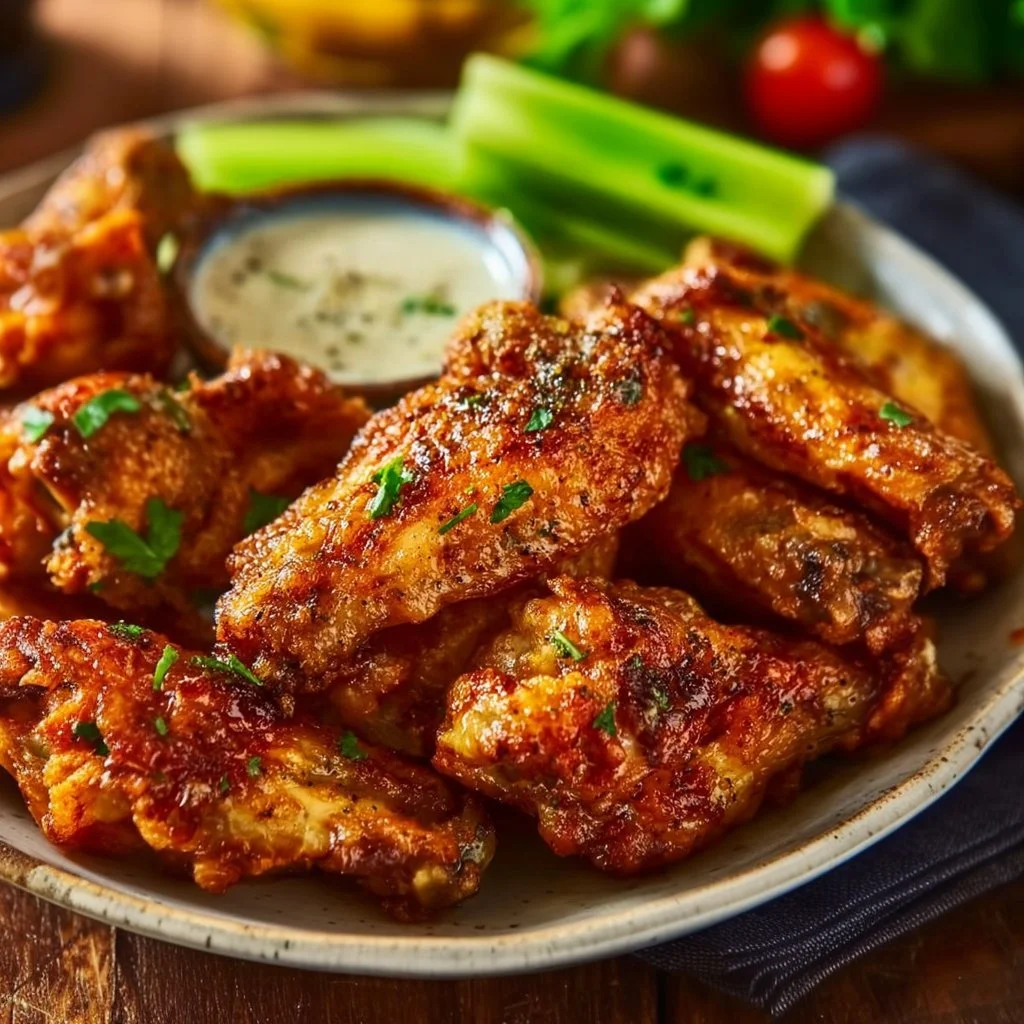 Delicious extra crispy air fryer chicken wings served with dipping sauce