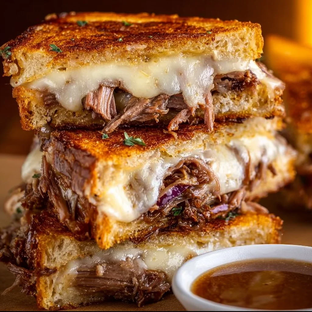 Delicious French Dip Grilled Cheese sandwich with beef and melted cheese