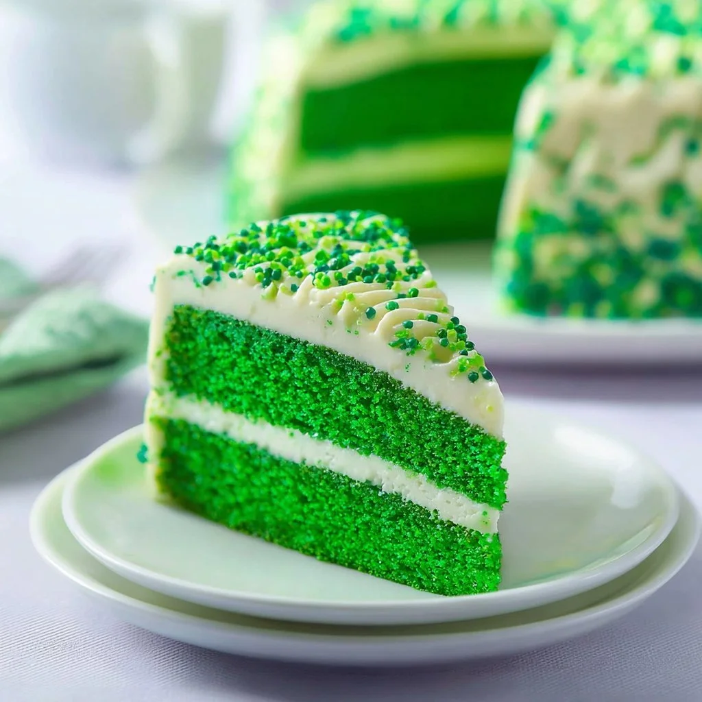 A slice of moist green velvet cake decorated with cream cheese frosting.