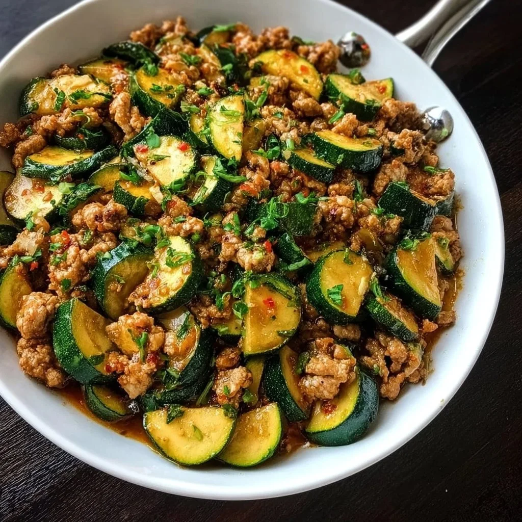 Ground turkey and zucchini skillet dish cooked in a pan, healthy weeknight meal.