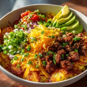 A hearty Hash Brown Breakfast Bowl with crispy hash browns and fresh toppings.